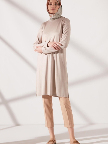 Sıfır Yaka Basic Penye Tunik - Taş
