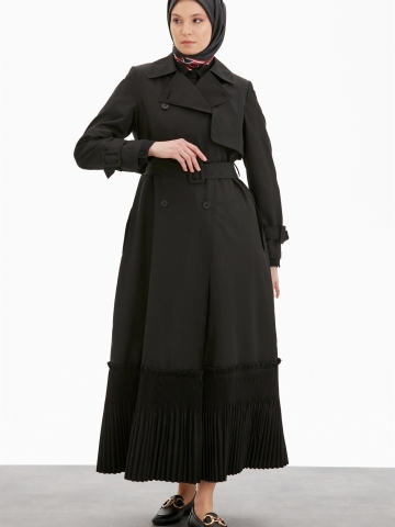 Kruvaze Yaka Piliseli Trençkot - Siyah