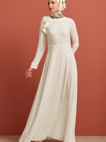 Sıfır Yaka Çiçek Detaylı Elbise - Ekru