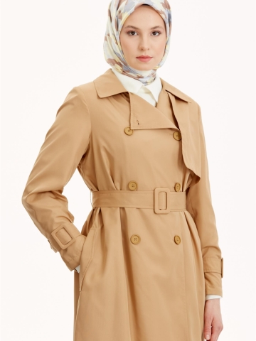 Kruvaze Yaka Piliseli Trençkot - Bej