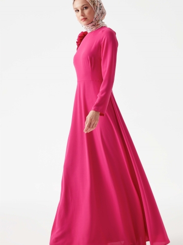 Sıfır Yaka Çiçek Detaylı Elbise - Fuşya