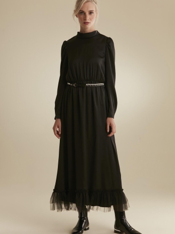 Yakası Fularlı Tütülü Abiye Elbise - Siyah