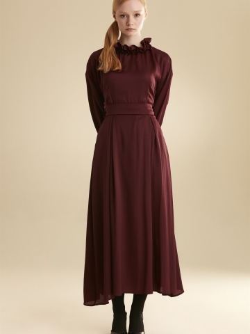 Fır Fır Yaka Kuşaklı Elbise - Mürdüm