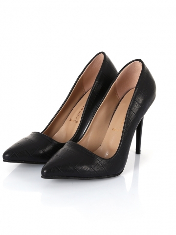 Siyah Yılan Derisi Desenli İnce Topuk 10 cm Kadın Ayakkabı