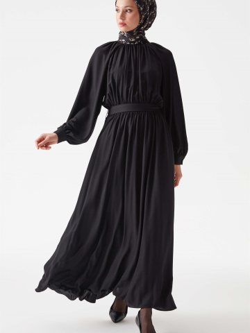 Reglan Kol Büzgülü Elbise - Siyah