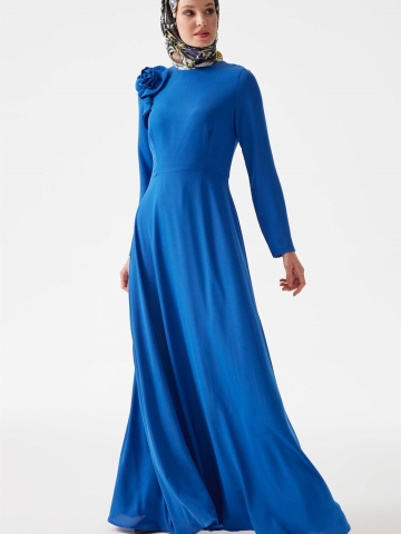 Sıfır Yaka Çiçek Detaylı Elbise - Saks