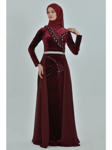 Devri Sultan Kadife Tesettür Abiye Bordo Elbise