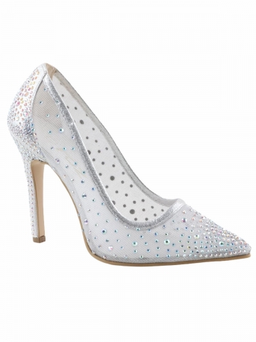 Föz Gümüş Taş Aksesuarlı Fileli Kadın Topuklu Stiletto Ayakkabı