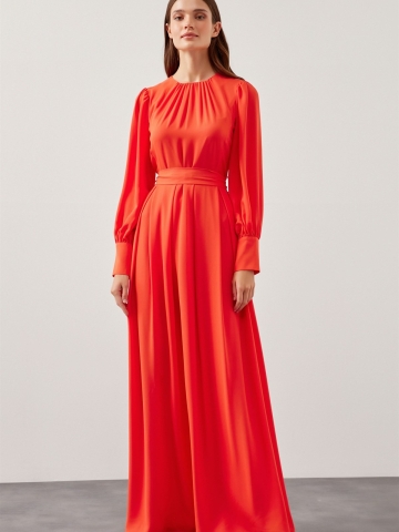 Büzgü detaylı Elbise - Mercan