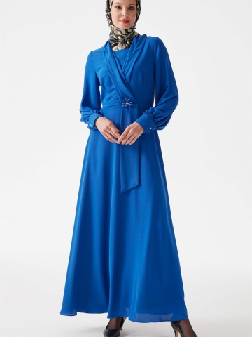 V Yakalı Taşlı Elbise - Saks