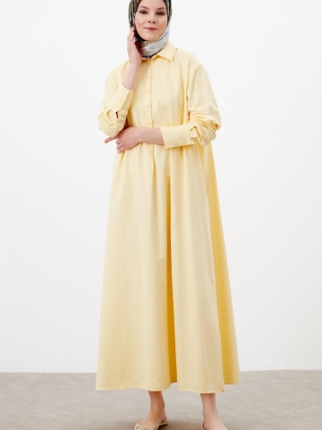 Düğme Kapamalı Basic Elbise - Sarı