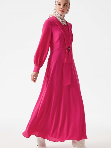 V Yakalı Taşlı Elbise - Fuşya