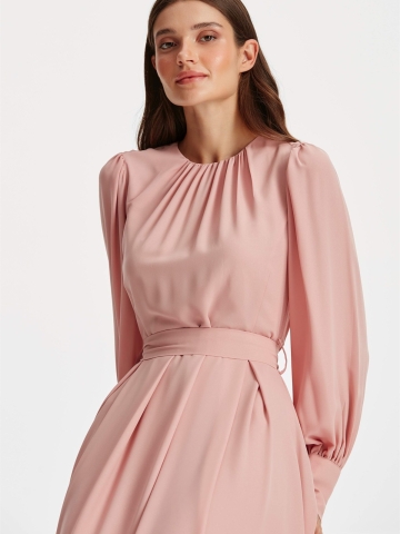 Büzgü detaylı Elbise - Pudra