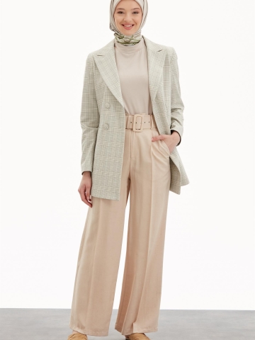 Yüksek Bel Dökümlü Bol Paça Pantolon - Camel