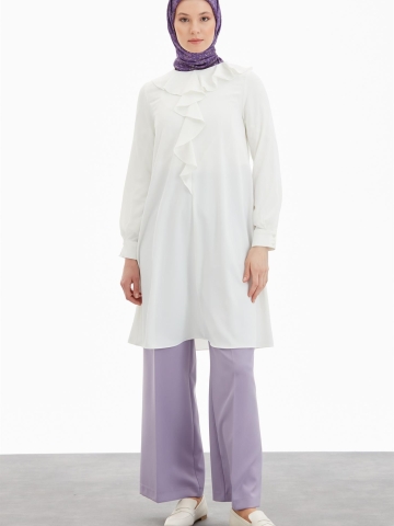 Sıfır Yaka Volan Detaylı Tunik - Ekru