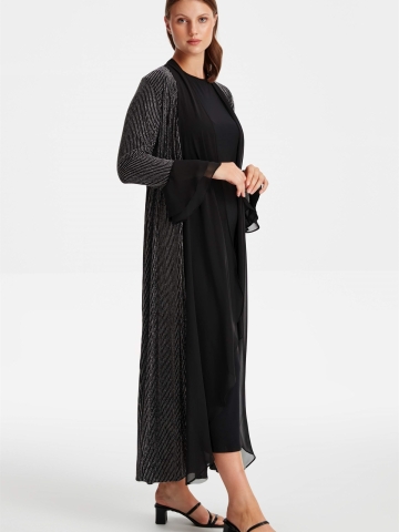 Şal Yaka Elbiseli Takım - Siyah