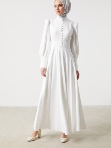 Jakarlı Balon Kol Şık Elbise - Ekru
