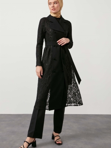 Kruvaze Kapama Dantel Kap - Siyah