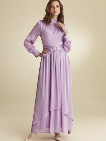 Kemer Tokalı Yakası Fularlı Abiye Elbise - Lila