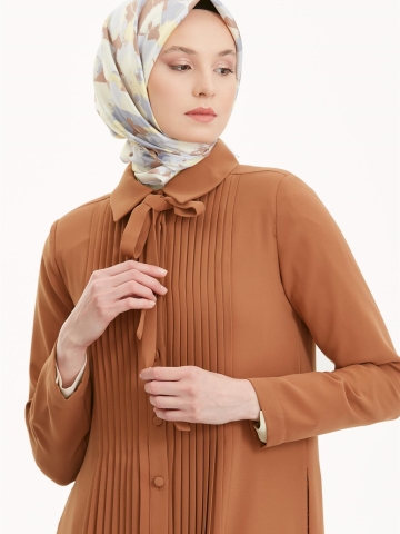 Kravat Yaka Piliseli Pardesü - Kiremit