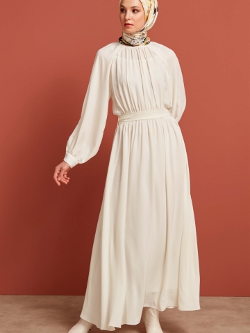 Reglan Kol Büzgülü Elbise - Ekru