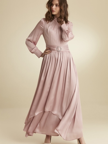 Kemer Tokalı Yakası Fularlı Abiye Elbise - Pudra
