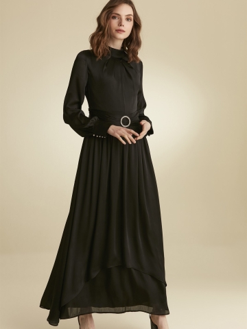 Kemer Tokalı Yakası Fularlı Abiye Elbise - Siyah