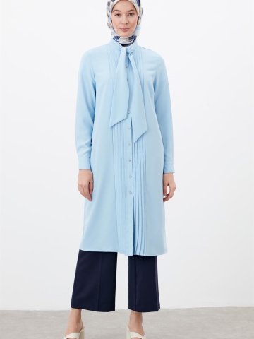 Fular Yaka Piliseli Tunik - Açık Mavi