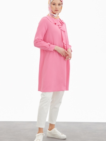 Sıfır Yaka Volan Detaylı Tunik - Fuşya