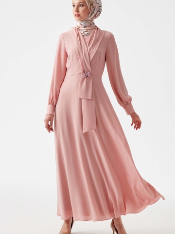 V Yakalı Taşlı Elbise - Pudra