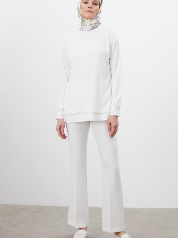 Şifon Garnili Penye Bluz - Ekru