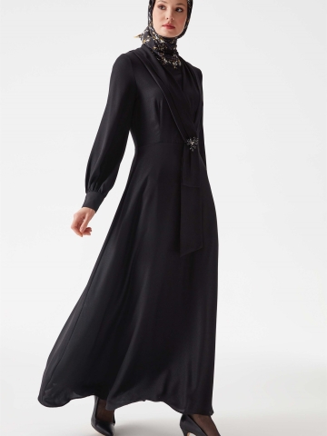 V Yakalı Taşlı Elbise - Siyah