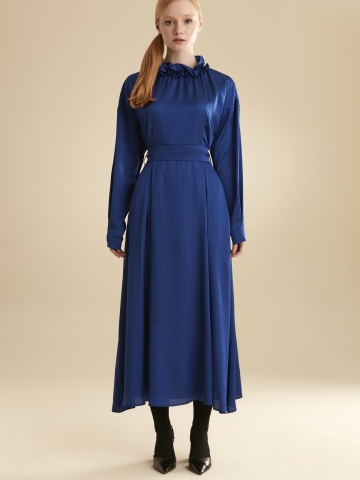 Fır Fır Yaka Kuşaklı Elbise - Saks