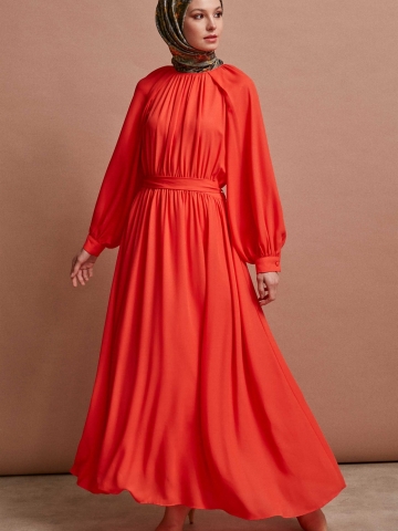 Reglan Kol Büzgülü Elbise - Mercan