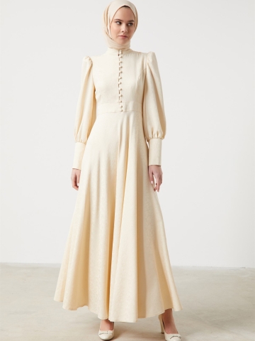 Jakarlı Balon Kol ŞIk Elbise - Bej