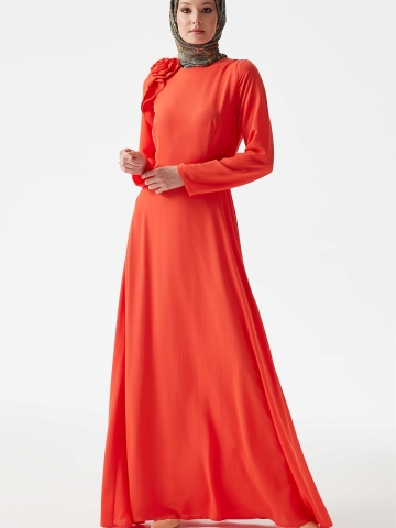Sıfır Yaka Çiçek Detaylı Elbise - Mercan