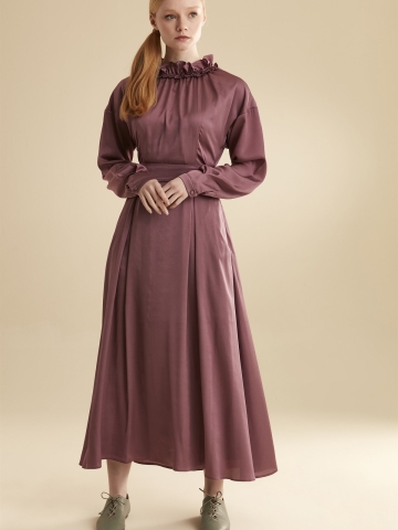 Fır Fır Yaka Kuşaklı Elbise - Gül Kurusu