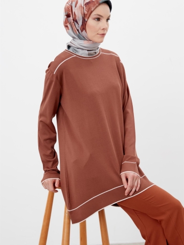 Büyük Beden Çizgi Desen Triko Tunik - Ekru-Camel