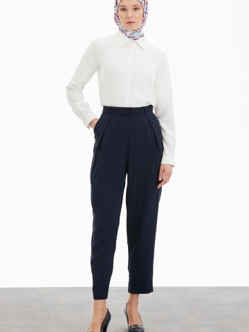 Pile Detaylı Havuç Pantolon - Lacivert