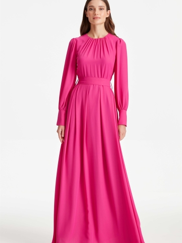 Büzgü detaylı Elbise - Fuşya