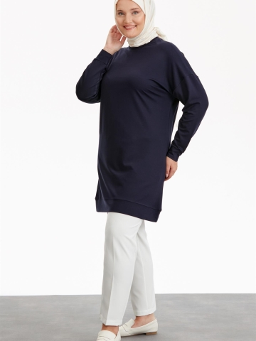 Büyük Beden Yuvarlak Yaka Tunik - Lacivert