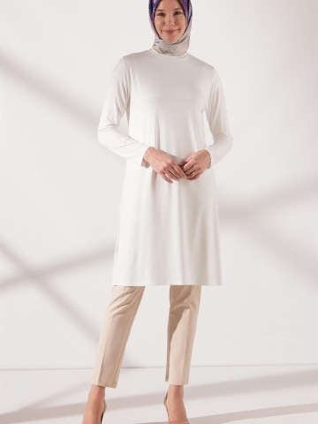 Sıfır Yaka Basic Penye Tunik - Ekru