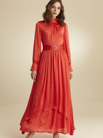 Kemer Tokalı Yakası Fularlı Abiye Elbise - Mercan