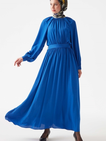 Reglan Kol Büzgülü Elbise - Saks