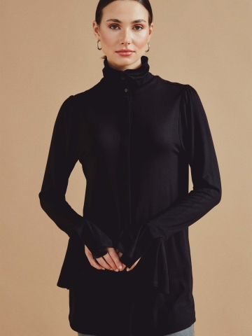 Balıkçı Yaka Manşetleri Volanlı Bluz - Siyah