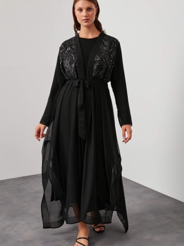 Payetli Tül Ceket Sıfır Yaka Elbise İkili Takım - Siyah