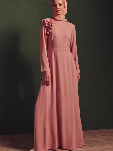 Sıfır Yaka Çiçek Detaylı Elbise - Pudra